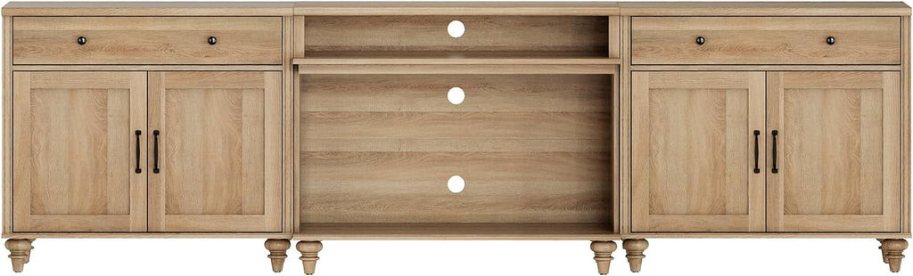 WAMPAT Farmhouse TV Stand for TVs up to 100'', Home Entertainment Center with 8 Storages for 75/80/85/90 inch TV, Large TV Console Table for Living Room, Bedroom, Oak
