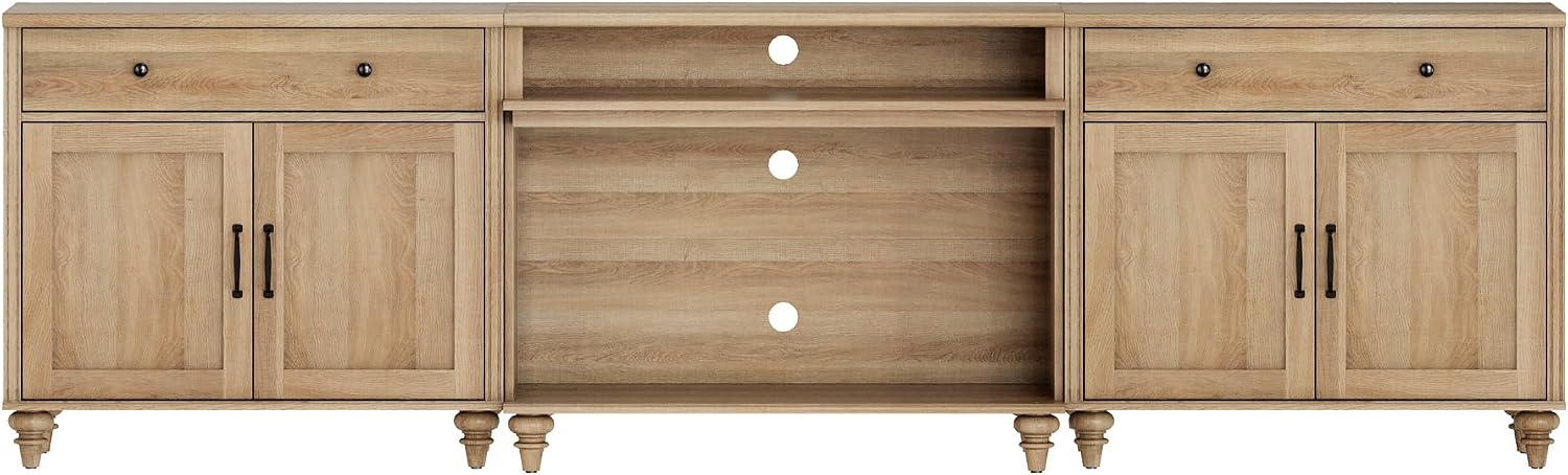 WAMPAT Farmhouse TV Stand for TVs up to 100'', Home Entertainment Center with 8 Storages for 75/80/85/90 inch TV, Large TV Console Table for Living Room, Bedroom, Oak