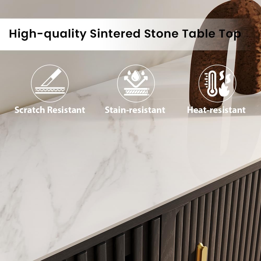 POVISON Fully-Assembled Sliding Tambour Door TV Stand, Mid Century Modern Sintered Stone TV Console, Wood Media Console for 85 Inch TV, Entertainment Center with Storage Cabinet(Black, 94.49')