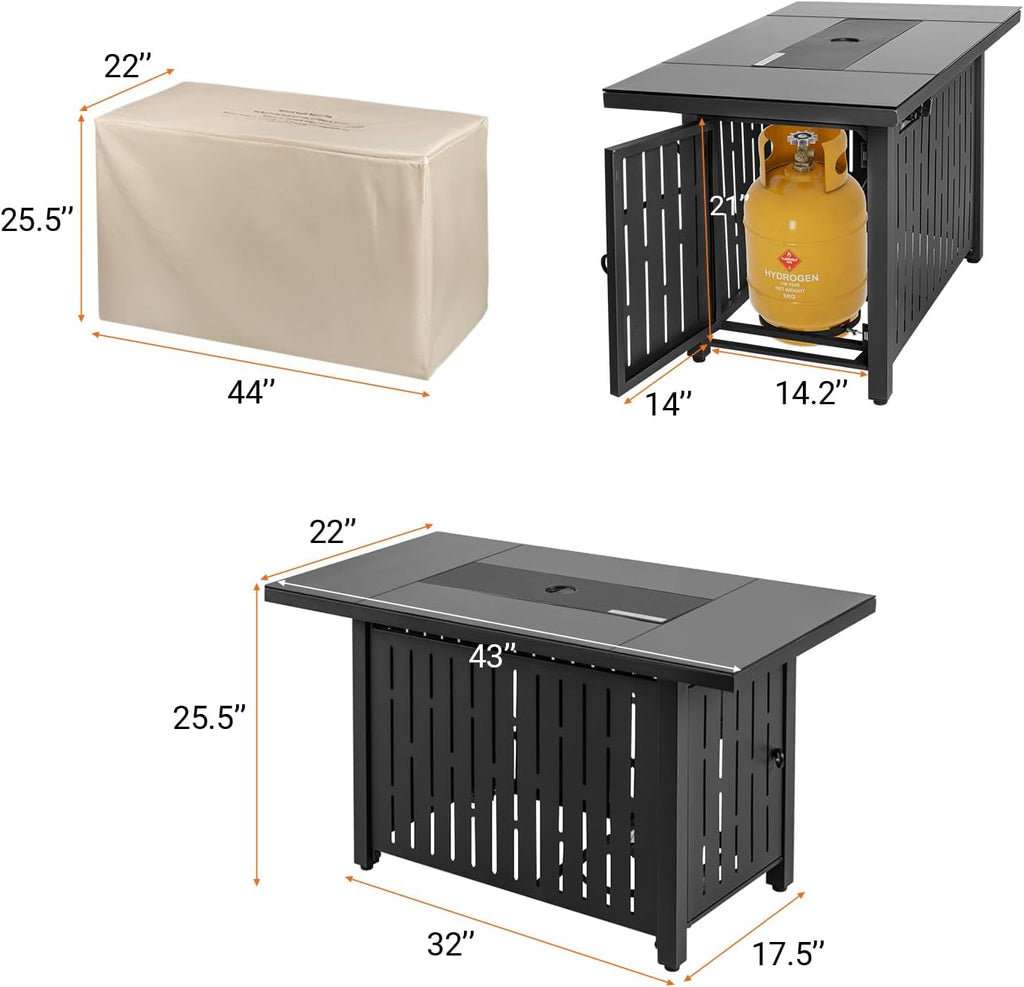 Greesum 44' Propane Gas Fire Pit Table 50,000 BTU Outdoor Rectangular FirePit with Lid, Rain Cover for Outside Garden Backyard Deck Patio, Black