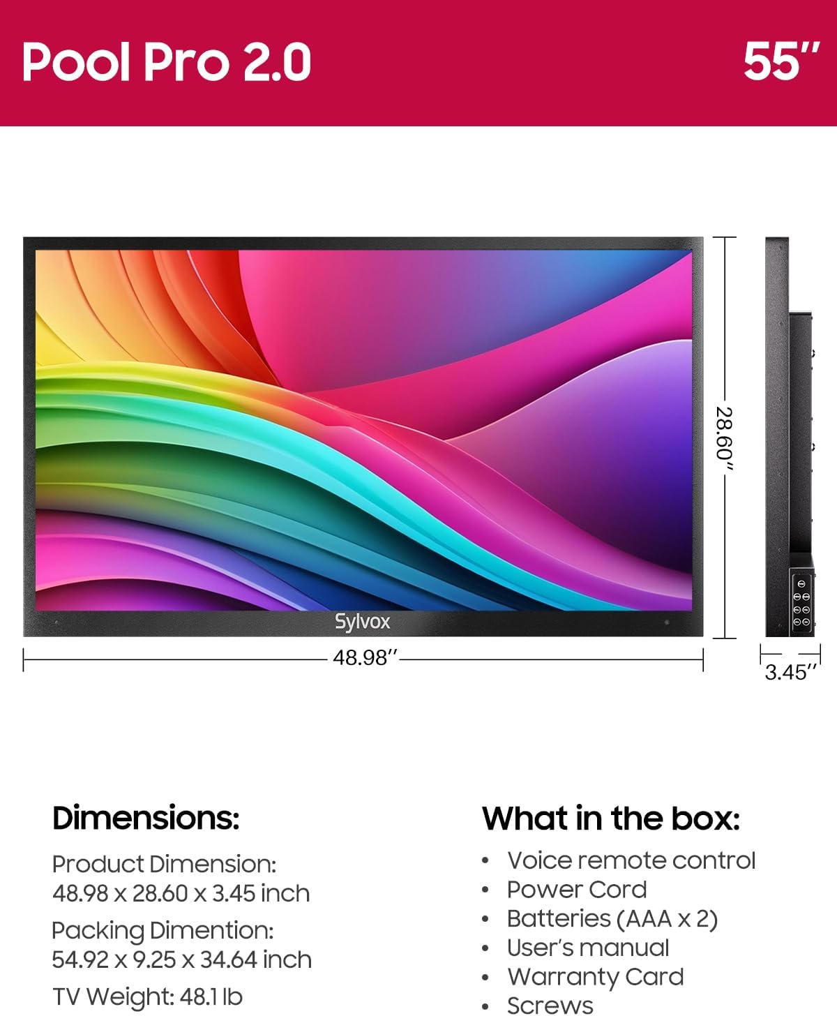SYLVOX Outdoor TV, 55-Inch Waterproof Smart TV, 2000 nits Full Sun TV, 4K, Dolby Atmos, Waterproof Soundbar, & Adjustable Wall Mount