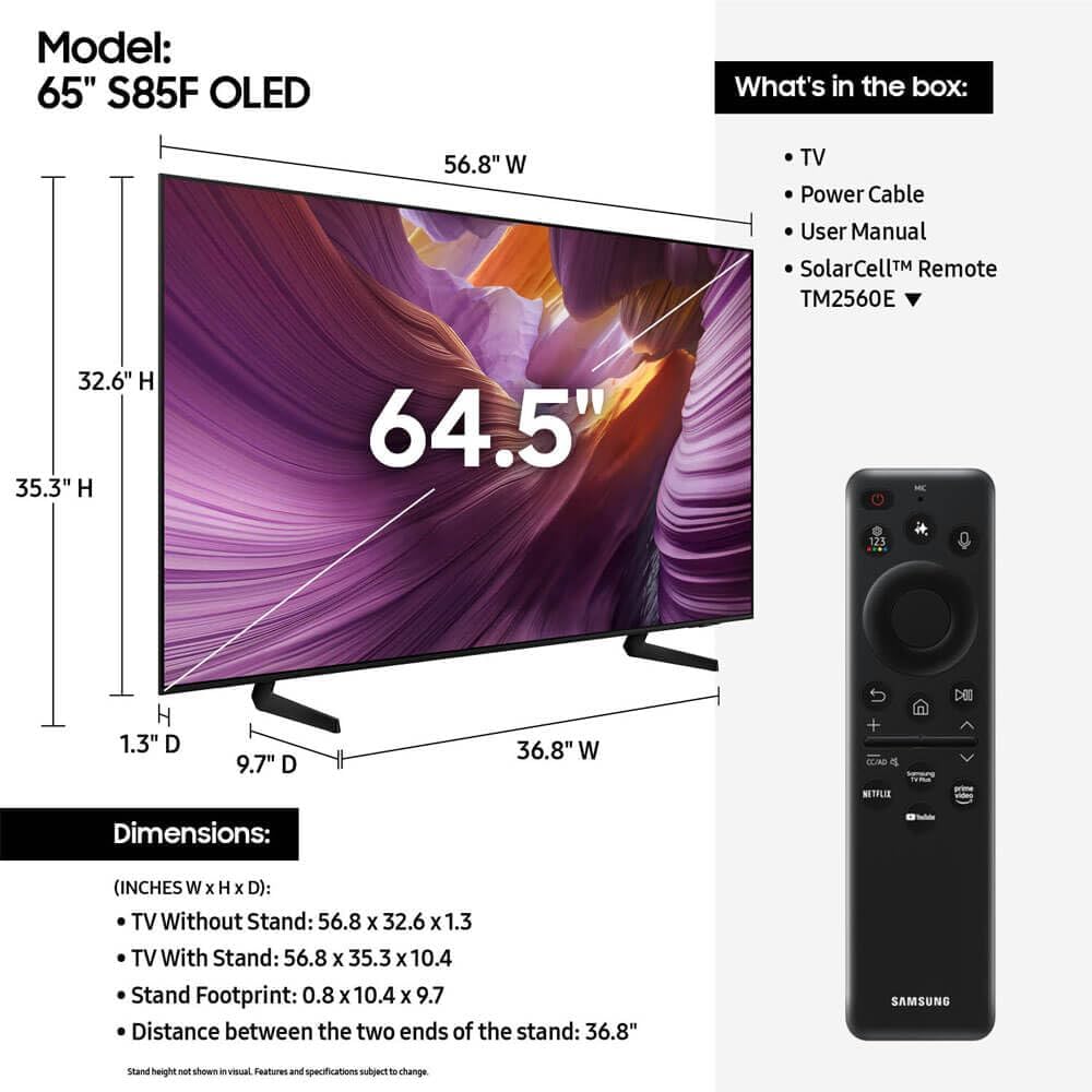 Samsung 65 Inch Class S85F Series 4K OLED Vision AI Smart Tizen TV HDR Dolby Atmos WiFi HDMI Gaming TV Bundle with High Speed Cable Streaming Package and 12 Month CPS Protection Plan