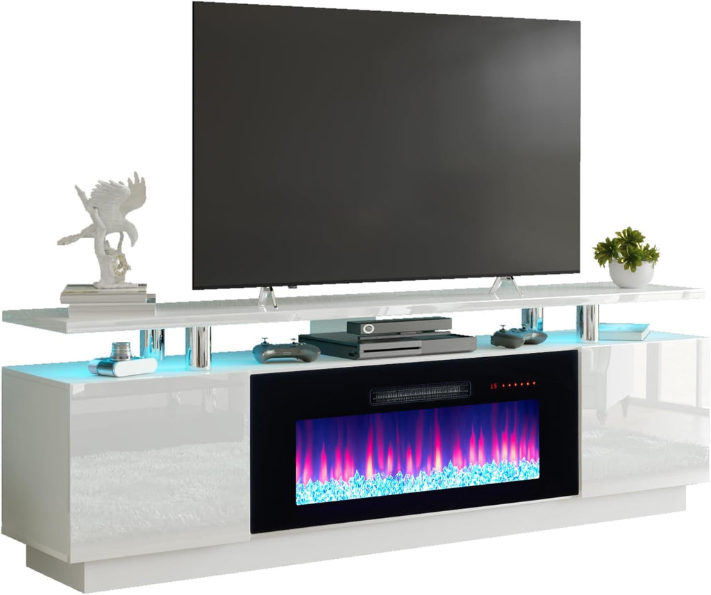 AMERLIFE Fireplace TV Stand with 36' Fireplace, 70' Modern Fireplace Entertainment Center LED Lights, 2 Tier TV Console Cabinet for TVs Up to 80', Ivory White