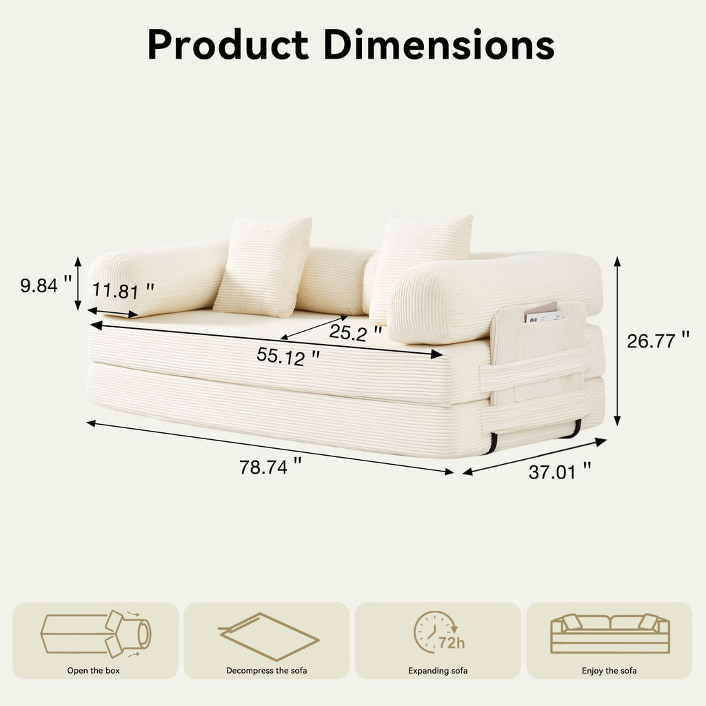 79' Sofa Bed Convertible Boneless Couch Corduroy Modular Couch Bed with Fixed-Shape Frame & Removable Armrests for Living Room, Bedroom (White)