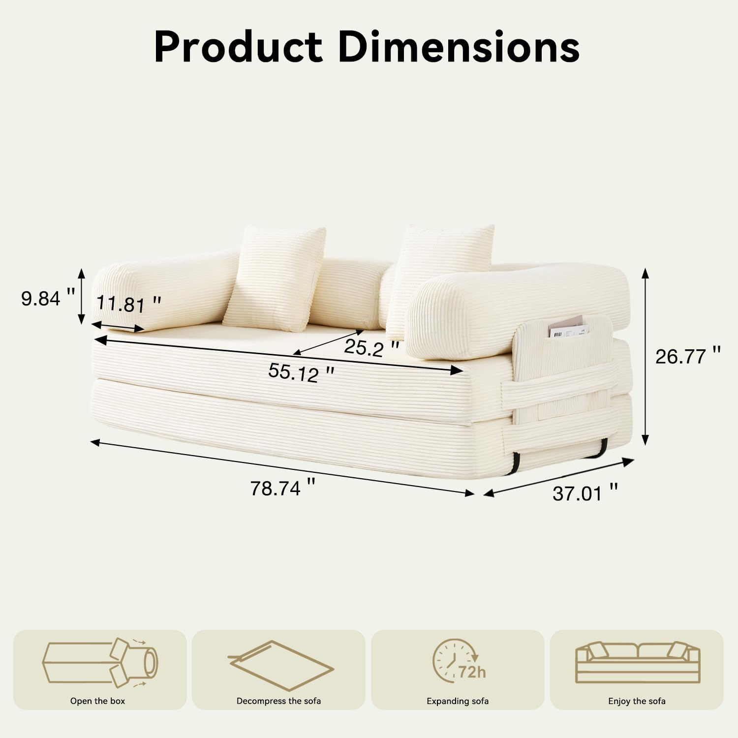 79' Sofa Bed Convertible Boneless Couch Corduroy Modular Couch Bed with Fixed-Shape Frame & Removable Armrests for Living Room, Bedroom (White)