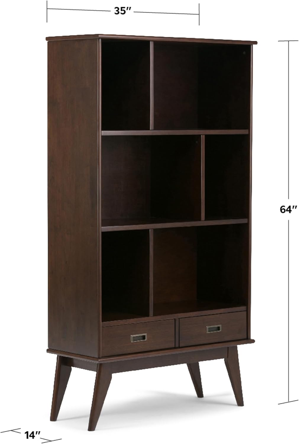 SIMPLIHOME Draper Bookcase - 64 inch Tall Solid Wood Wide Storage Bookshelf in Medium Auburn Brown, Mid-Century Modern Storage for Living Room or Office with Adjustable Shelves and Tapered Legs