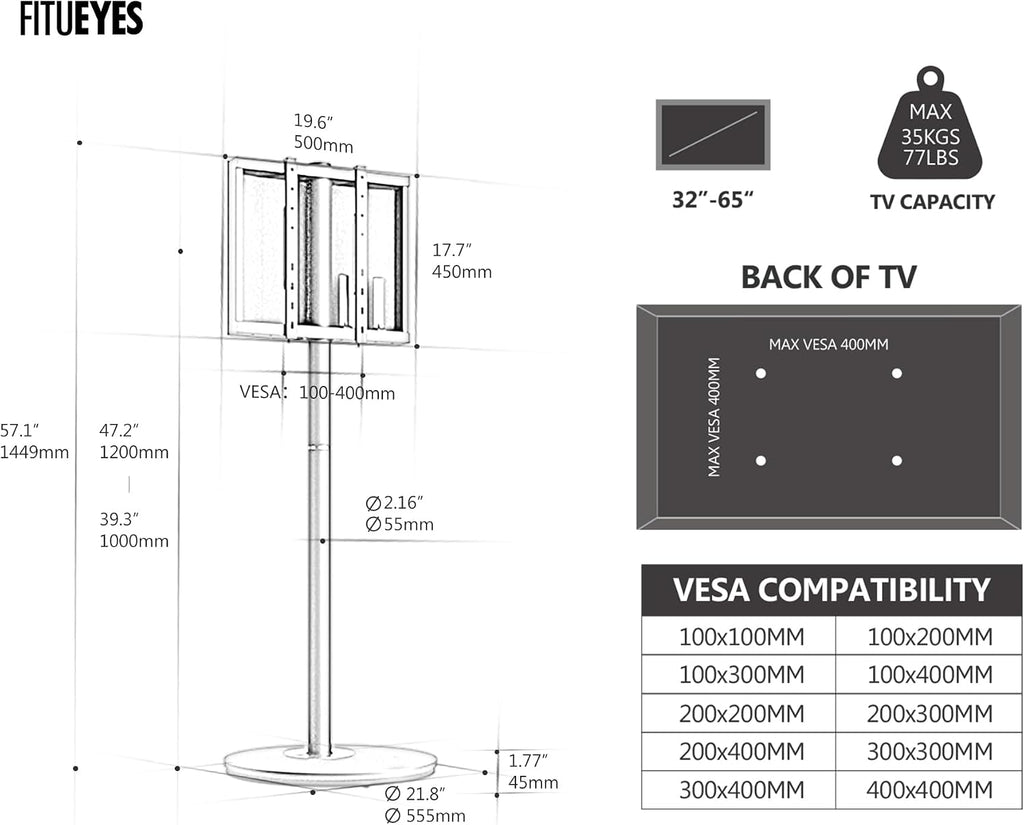 FITUEYES Design Mobile Rolling TV Cart for 32-65 Inches Television, Modern Corner TV Floor Stand on Wheels Fits Max VESA 400x400mm, V2 Portable Smart Television Cart,Pink, Master Series