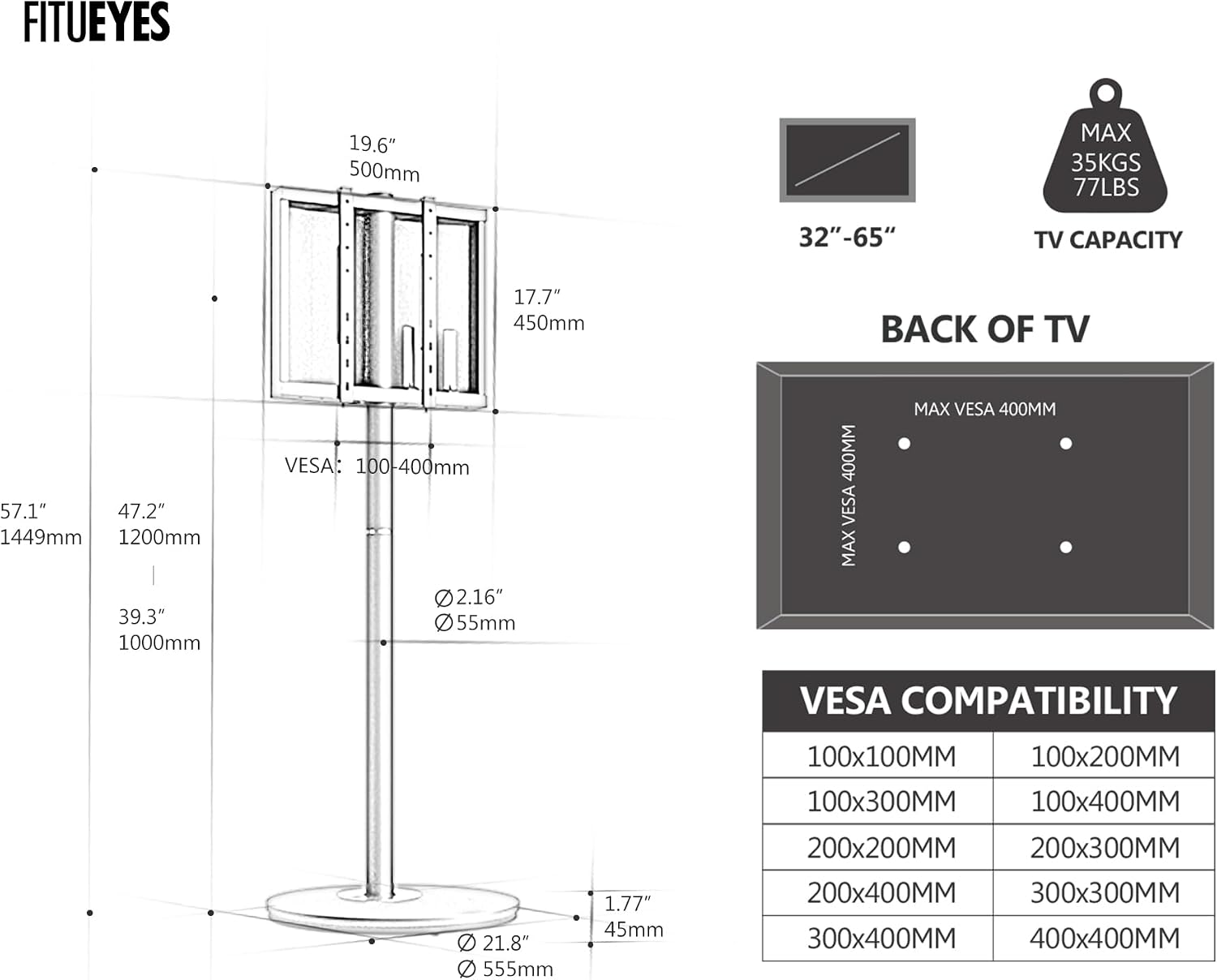 FITUEYES Design Mobile Rolling TV Cart for 32-65 Inches Television, Modern Corner TV Floor Stand on Wheels Fits Max VESA 400x400mm, V2 Portable Smart Television Cart,Pink, Master Series
