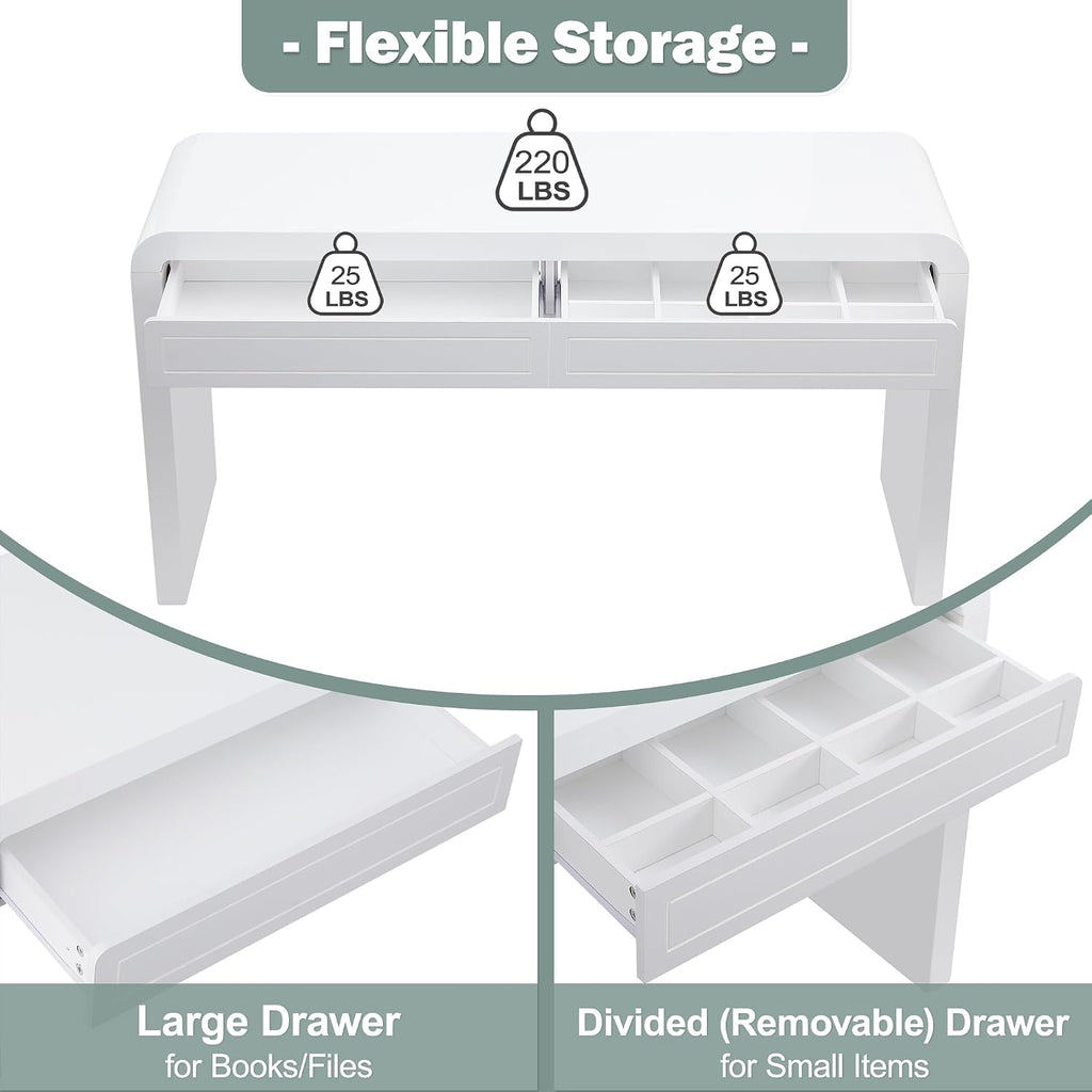 Merax 60' Entryway Console Table with Storage, 2 Drawers with Functional Divider/Retro Curved Design/Behind Couch & Sofa, White