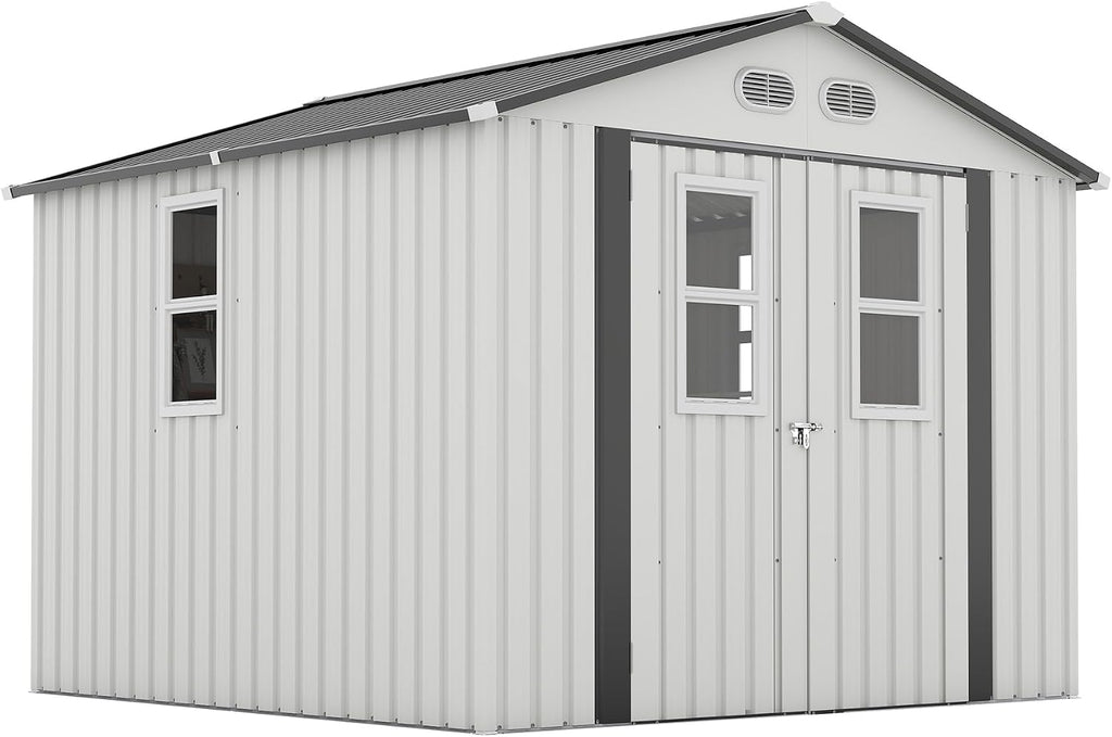 Metal Outdoor Storage Shed, 8x8 ft with Lockable Doors, Four Daylight Windows, Screened Vents, 120 sq ft Storage Space, Outdoor Garden Room ，Outdoor Pet Room (White 8x8FT)