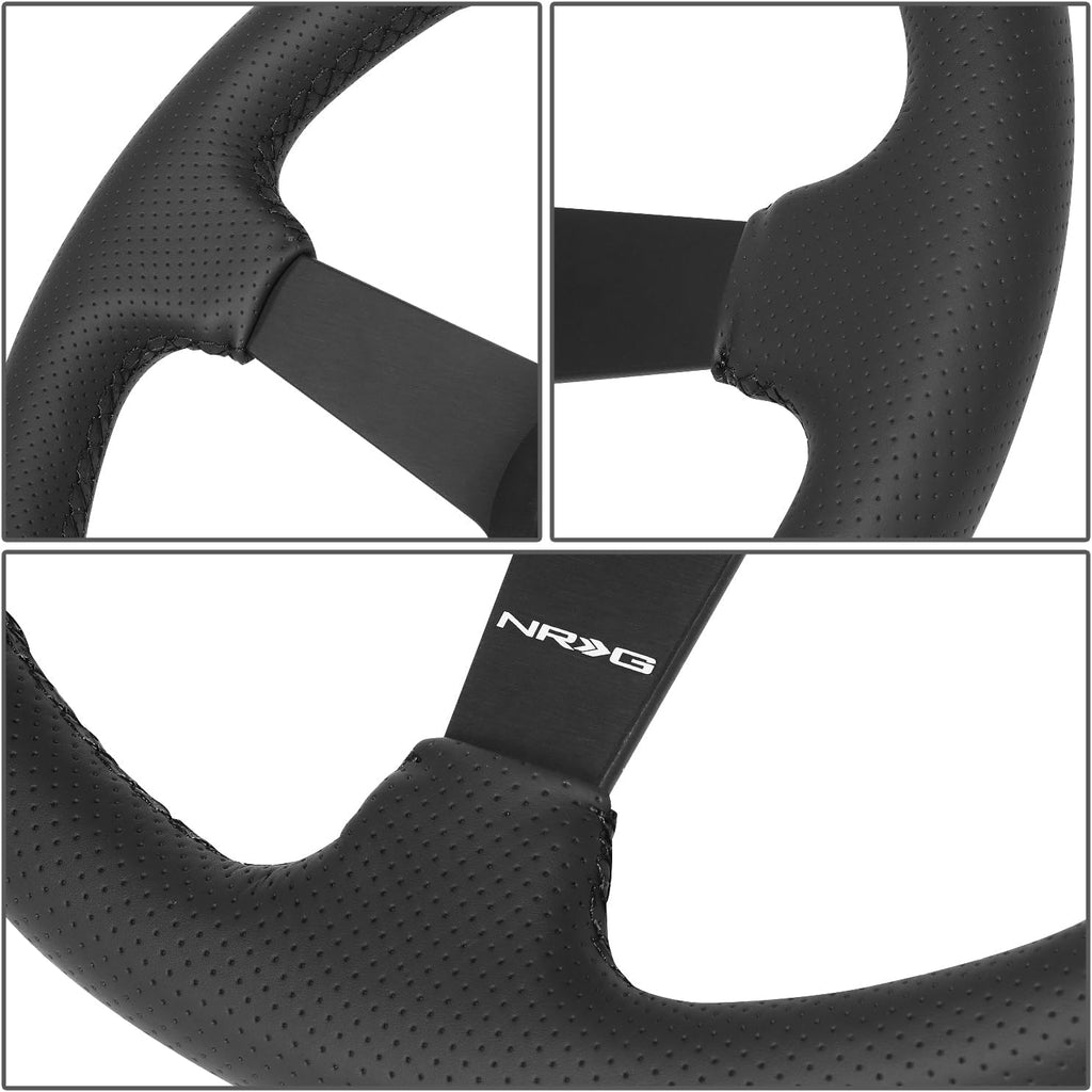 NRG Innovations RST-037MB-BGD-R 350mm Sport Steering Wheel (1.5' deep) Perforated Leather with Goal Digger Black stitching in front - Matte Black Solid Spokes