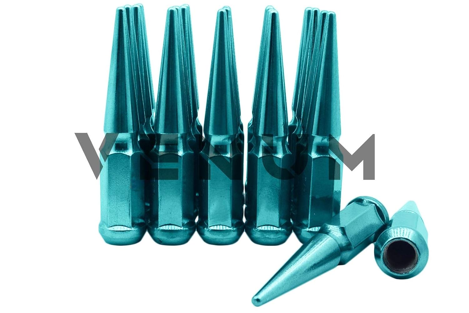 24 Pc Powder Coated Candy Teal Spike Lug Nuts | M14x1.5 | 4.5 inch Tall | 1 Piece Construction | Works/Compatible with 2015-2020 F-150 6x135 MM Bolt Pattern