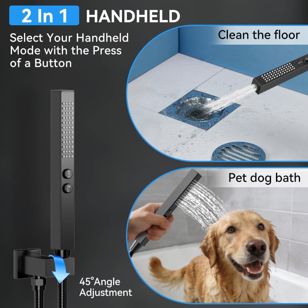 Matte Black Shower System with Body Jets, STARBATH 12 Inch Rainfall Shower and Handheld Spray, Wall Mounted Full Body Shower System Rough-in Mixer Pressure Balance Valve Shower Faucet Set Complete