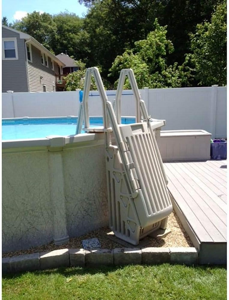 Vinyl Works 24 Inch Double Pool Step Ladder with Gate, Adjustable Stair Entry System with Handrails for Above Ground Swimming Pools, Taupe