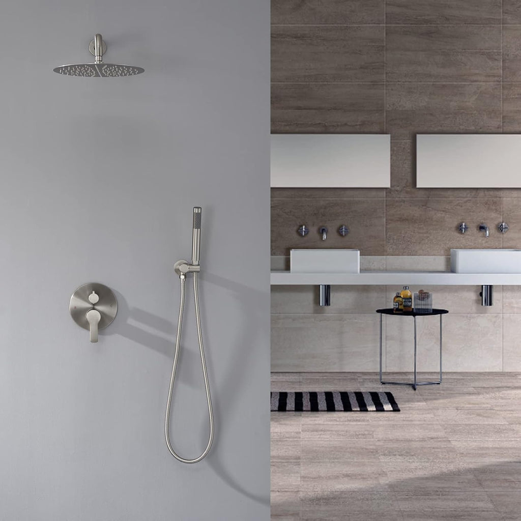 Iriber Brushed Nickel Shower System Wall Mounted Shower Faucet Mixer Set with 12 Inches Rain Shower head and Handheld, Bathroom Shower Trim Kit Contain Pressure Balance Valve
