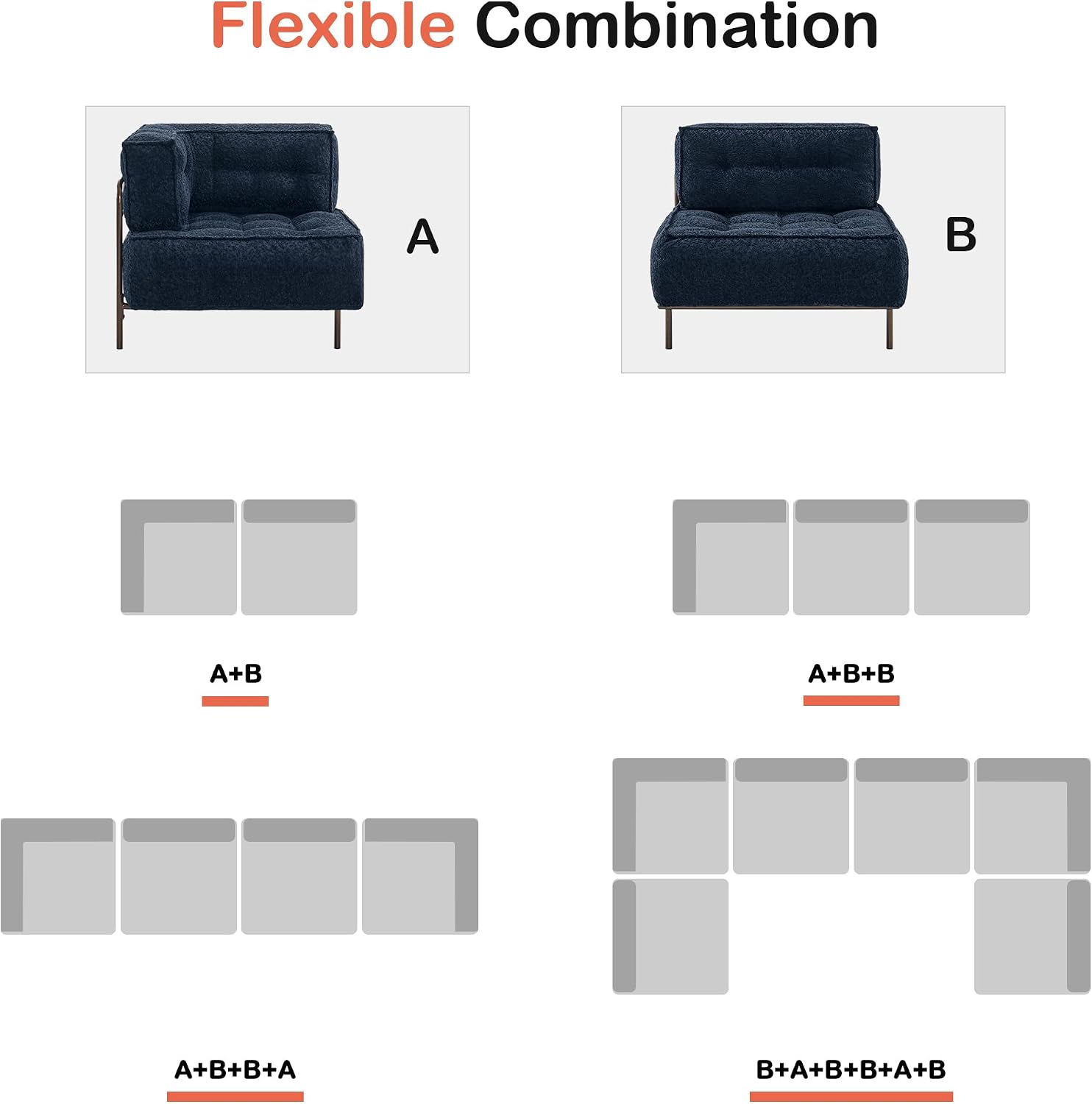 MCombo Modular Sofa Couch with Removable Cushion, Accent Sofa Chair, Upholstered Sofa for Living Room, Apartment, Office (Blue, Two Seats)