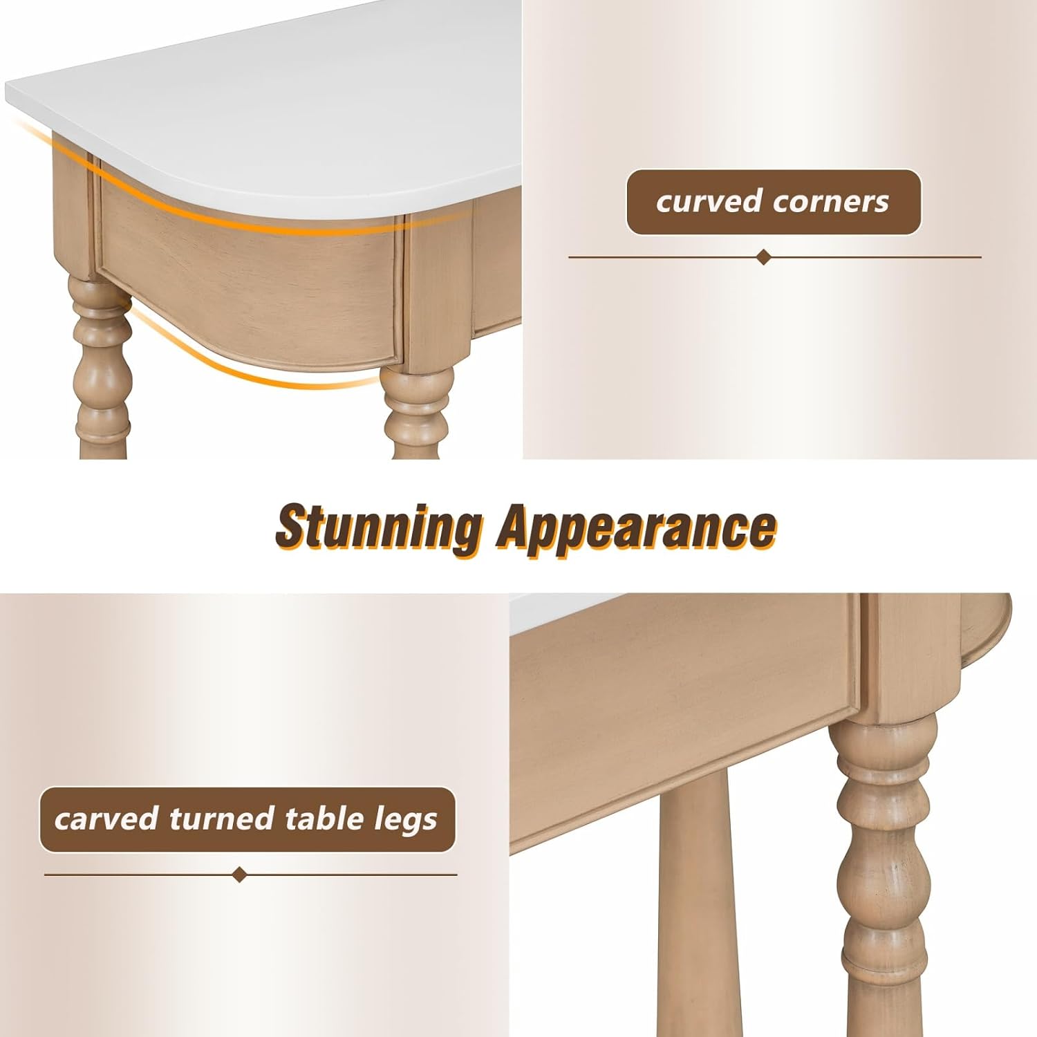 Retro Curved Console Table, 36' Solid Wood Half Moon Console Table Sofa Table Entryway Table with 1 Drawer 1 Open Shelf Roman Legs Curved Corners for Living Room,Entryway,Hallway,White+Beige