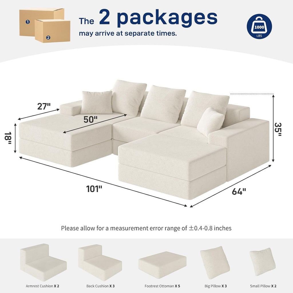 Living&Giving 101' U-Shaped Cloud Sectional Couch for Living Room, Cloud Boneless Couch-No Assembly with Reversible Chaise, Customizable 3-Seat Modular Sectional Sofa with 2 Ottoman, Beige