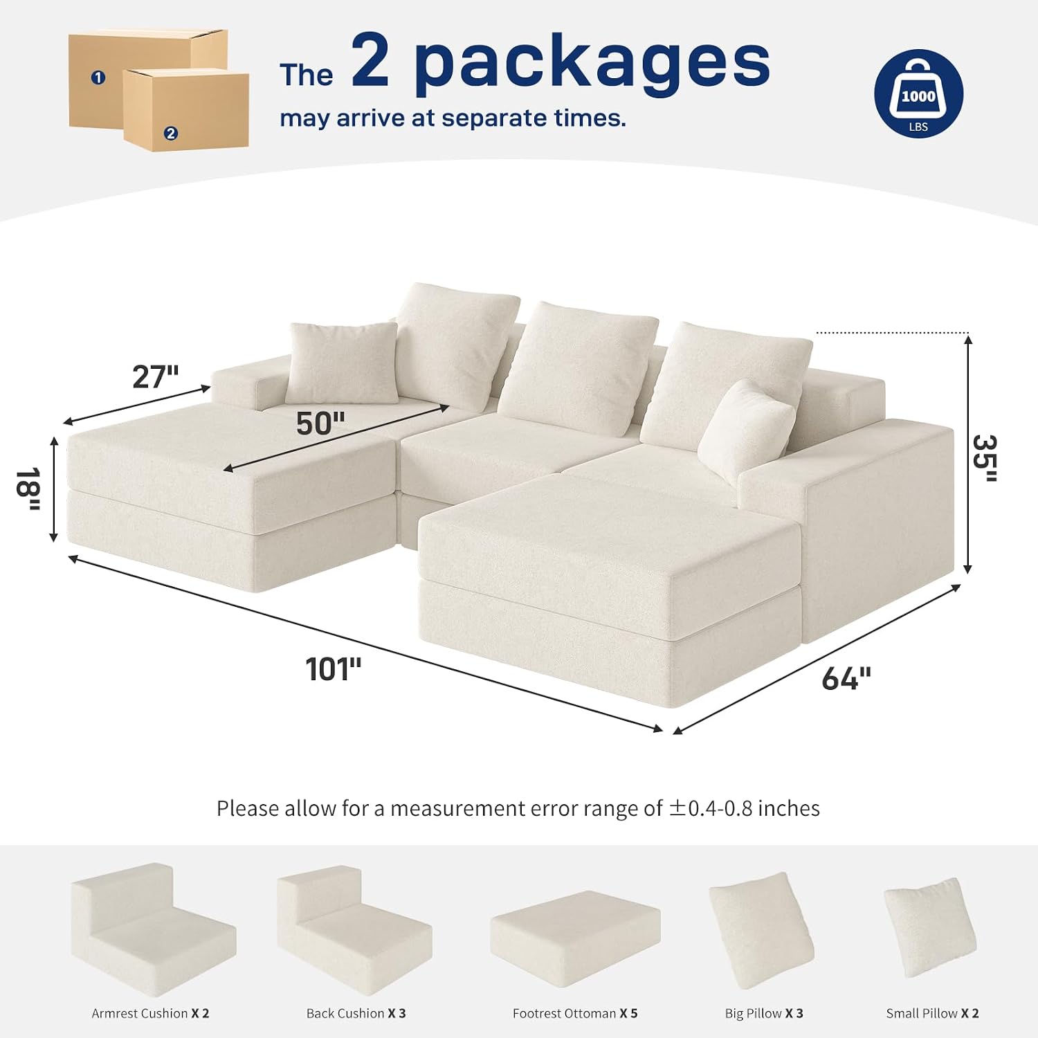 Living&Giving 101' U-Shaped Cloud Sectional Couch for Living Room, Cloud Boneless Couch-No Assembly with Reversible Chaise, Customizable 3-Seat Modular Sectional Sofa with 2 Ottoman, Beige