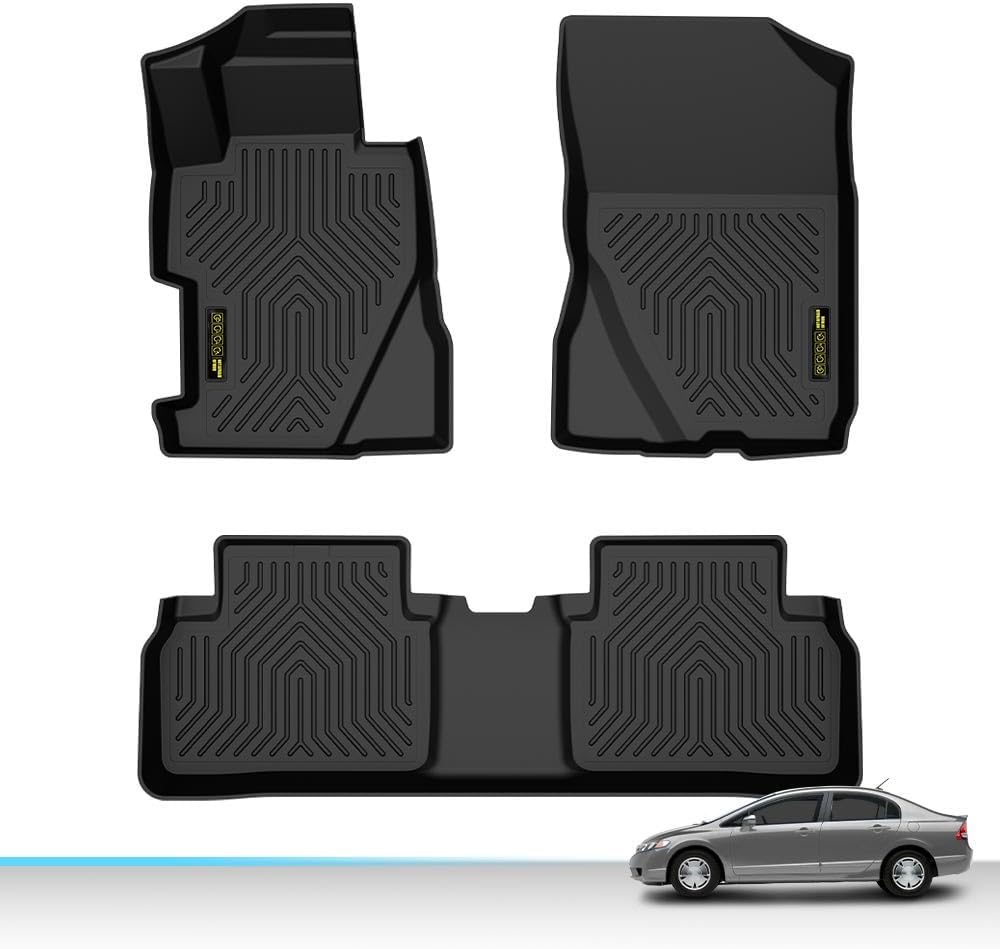 ALLGOOD TPE 3PCS All Weather Car Floor Mats Compatible with Honda Civic Sedan 4-Door 2006-2011 Floor Liners for Car 1st & 2nd Row Black