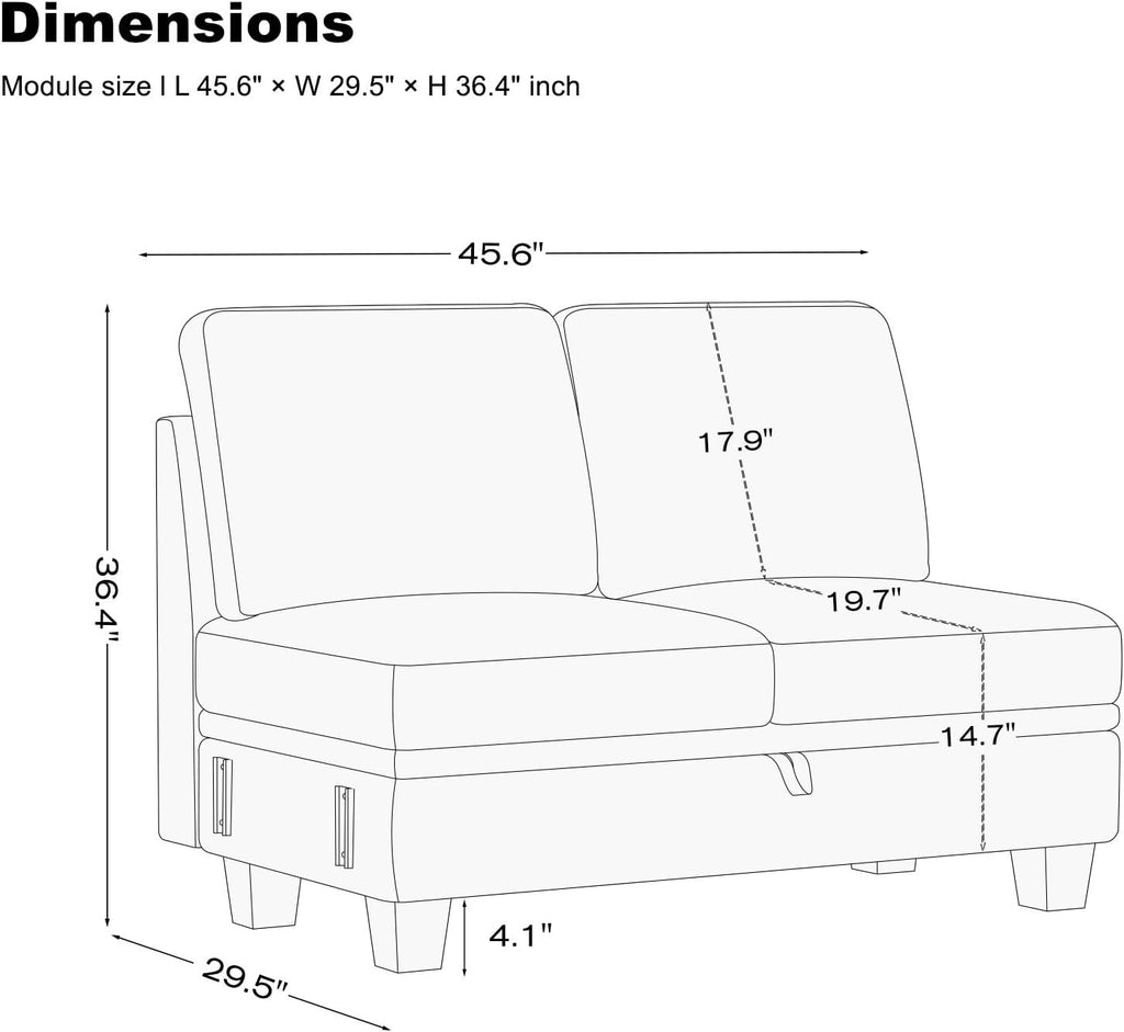Belffin 45.6' Chenille Loveseat Module for Sectional Couch, 2-Seater Modular with Storage for Modular Sectional Sofa. Beige.