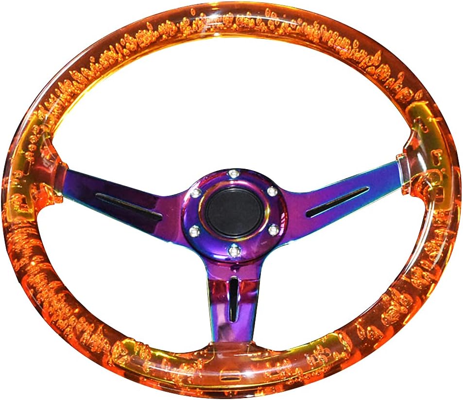 Orange Colorful Universal 350mm/13.8 Inch Car Steering Wheel, Deep Dish 6 Bolt Sports Drifting Steering Wheel with Horn Button and Screws for Passenger Cars