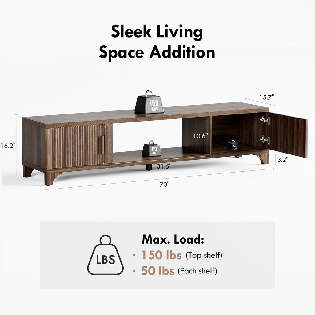 Mid Century Modern TV Stands for 65/70/75 Inch TV, Boho Media Console for Living Room, Fluted TV Entertainment Center with Storage, Wood Television Cabinet for Bedroom