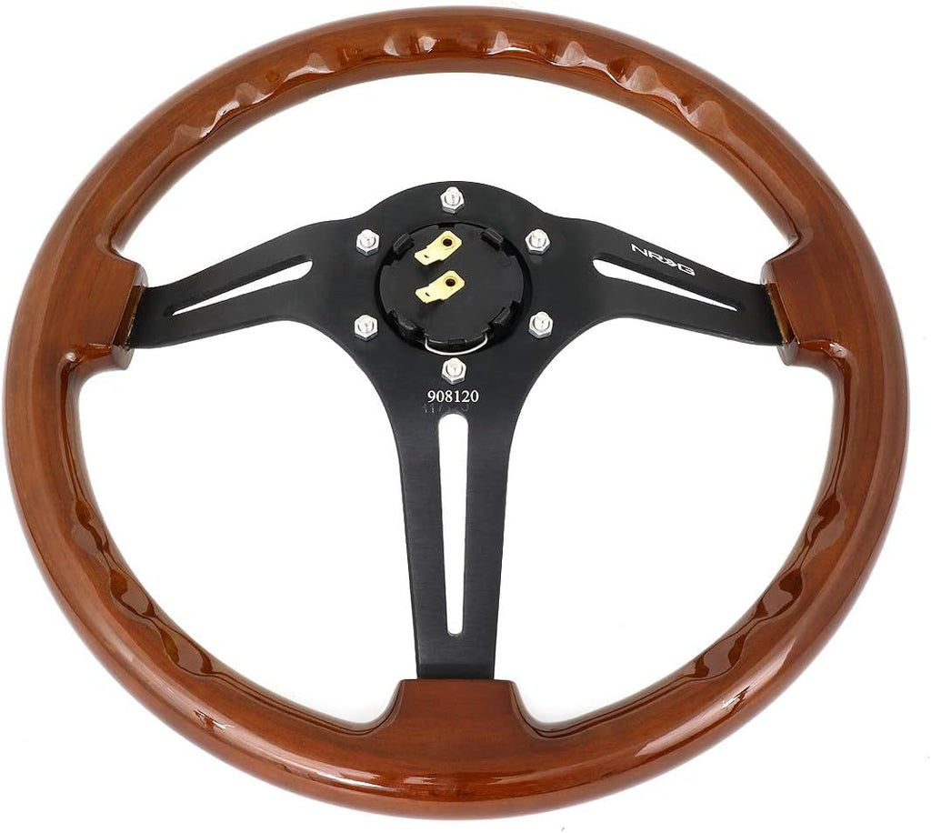 Auto Dynasty NRG ReinReplacement forced RST-018BR-BK 350mm 3Deep Dish Matte Black Spoke Brown Wood Grip Steering Wheel