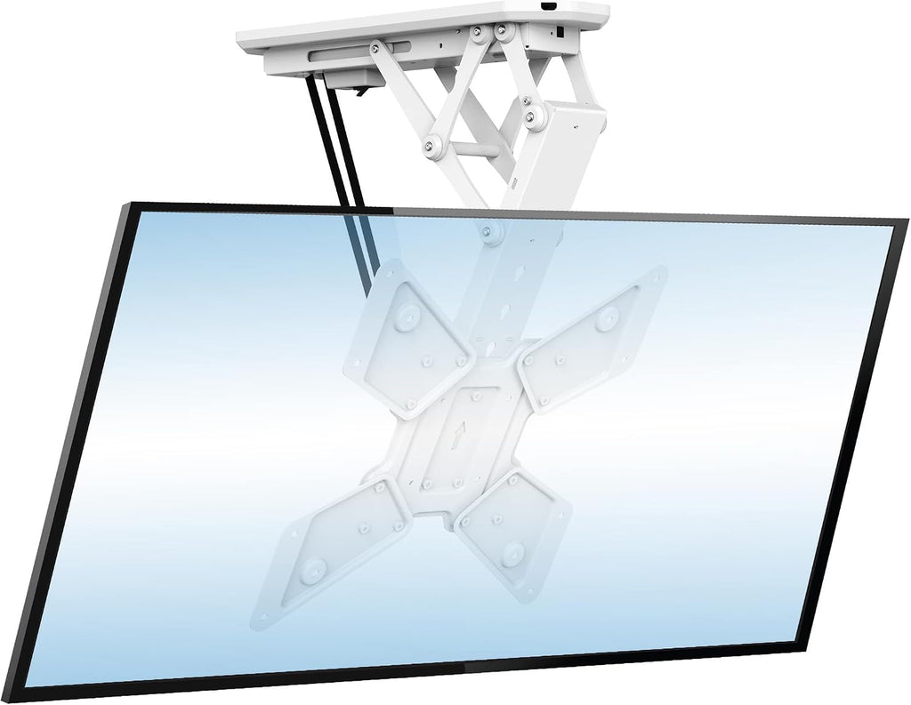 Mount-It! Motorized Ceiling TV Mount with Remote, Electric Flip Down Fold Up Pitched Roof Mount Fits 32, 37, 40, 47, 50 and 55 Inch Flat Screen TVs and Monitors, White