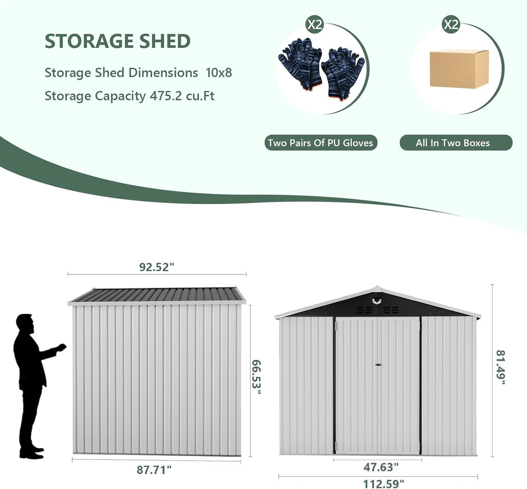 Metal Storage Shed,10x8 Outdoor Storage Building,Large Backyard Sheds with Lockable Doors,Waterproof Outside Storage Sheds，White