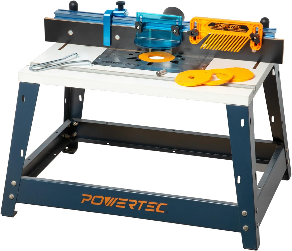 POWERTEC Benchtop Router Table w/Metal Stand and Adjustable Fence Set – 24' x 16' Laminated MDF Top, Aluminum Insert Plate, 2-1/2' Dust Port, Fence Stop, Featherboard and More Accessories (71963)