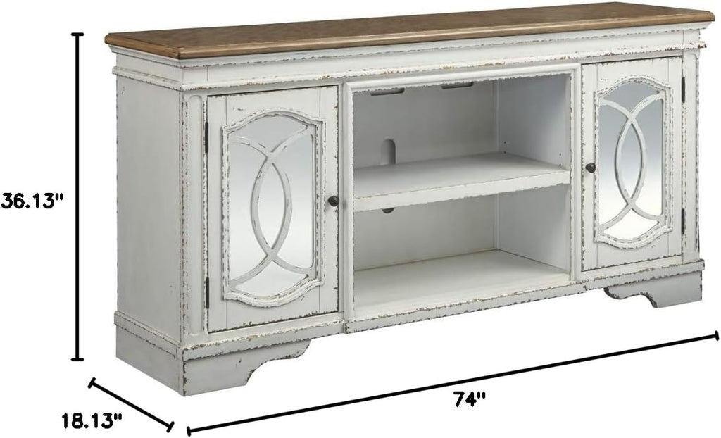 Signature Design by Ashley Realyn Farmhouse TV Stand with Fireplace Option Fits TVs up to 72', 2 Cabinet Doors and Adjustable Storage Shelf, White & Rustic Brown