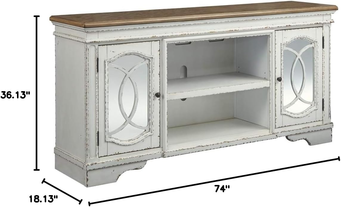 Signature Design by Ashley Realyn Farmhouse TV Stand with Fireplace Option Fits TVs up to 72', 2 Cabinet Doors and Adjustable Storage Shelf, White & Rustic Brown