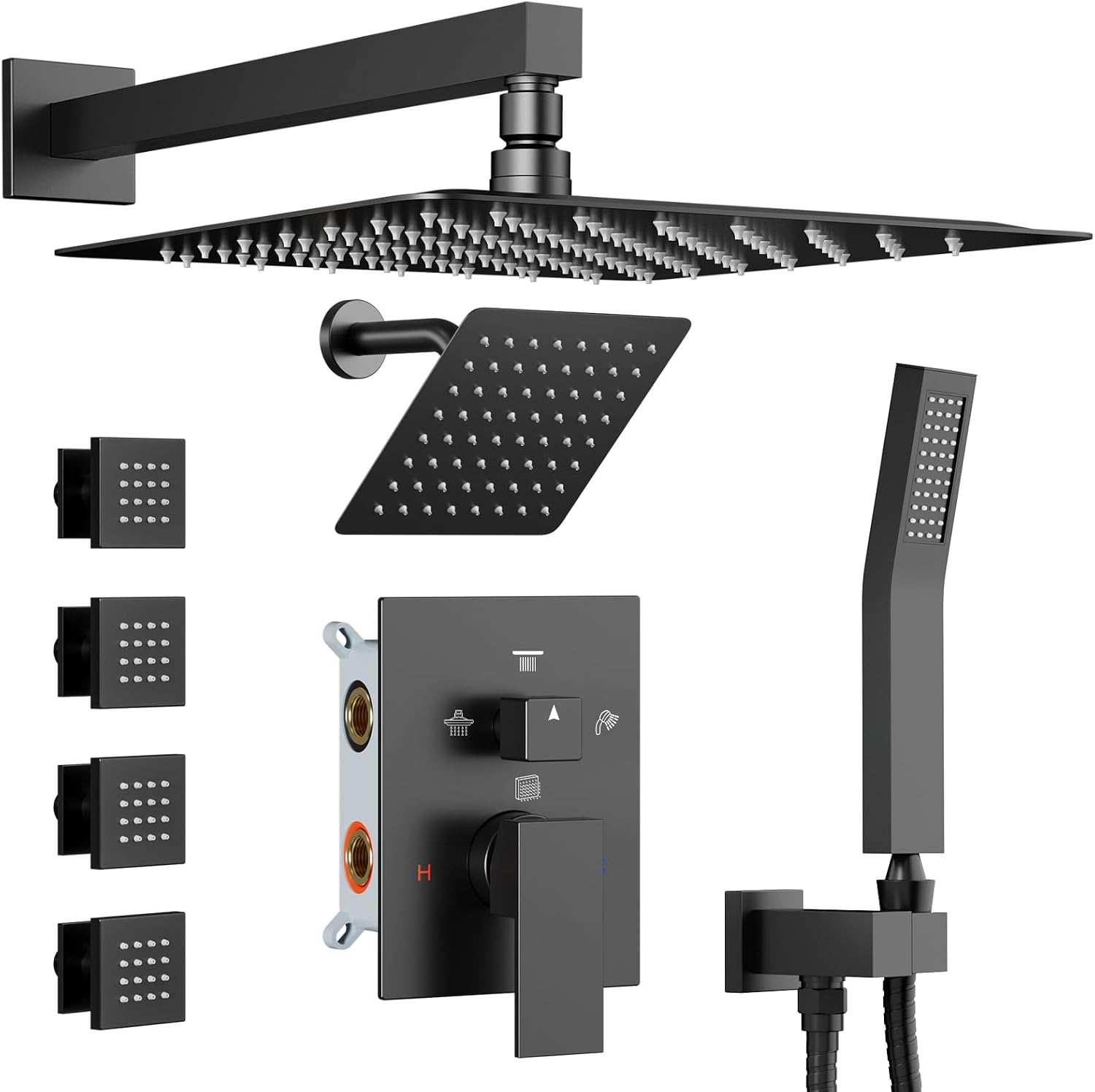 Shower Systems with 4 Body Spray Jets, STARBATH 4 Way 12+6' Rainfall Shower Head with Handheld Combo, Wall Mounted Shower Jets System Shower Faucet Sets Complete, Matte Black