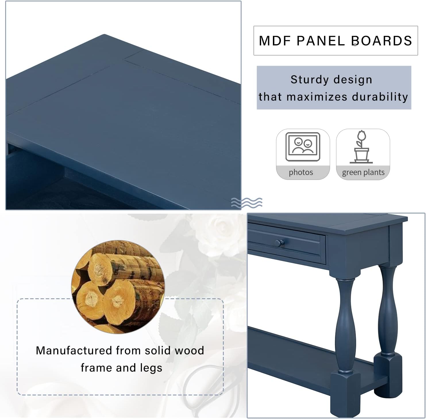 Merax Console Table, 64' Long Extra-Thick Entryway Table Sofa Table with 3 Drawers and Shelf for Entryway, Hallway, Living Room (Navy Blue)
