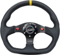 NRG Innovations NRG-RST-024D-MB-R-Y Reinforced Steering Wheel 320mm Sport Leather Dual Push Buttons Flat Bottom with Yellow Center Mark