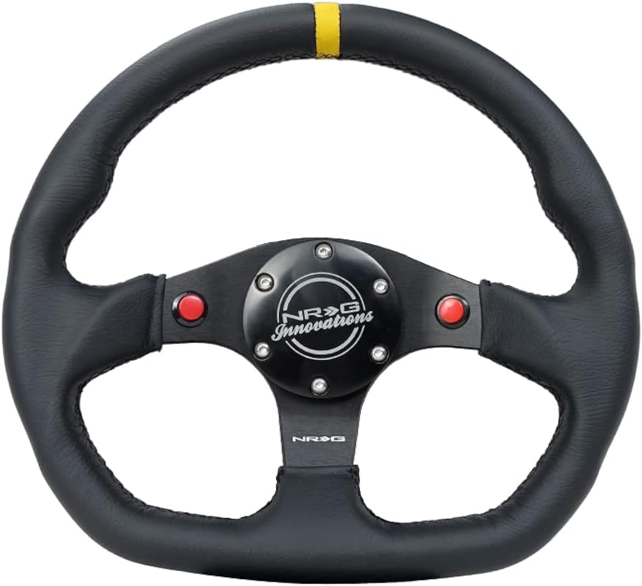 NRG Innovations NRG-RST-024D-MB-R-Y Reinforced Steering Wheel 320mm Sport Leather Dual Push Buttons Flat Bottom with Yellow Center Mark