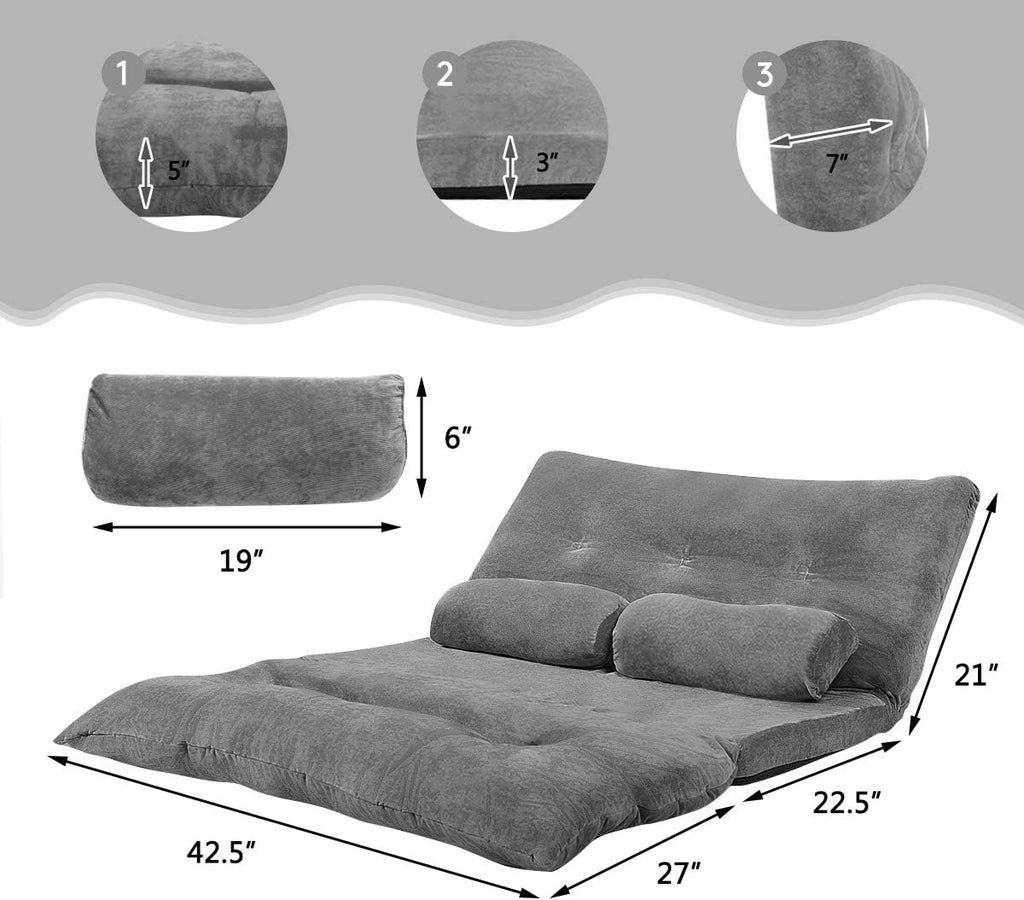 Giantex Adjustable Floor Sofa Couch with 2 Pillows, Multi-Functional 6-Position Foldable Lazy Sofa Sleeper Bed, Multi-Functional Suede Floor Seating Sofa for Reading Gaming (Gray)