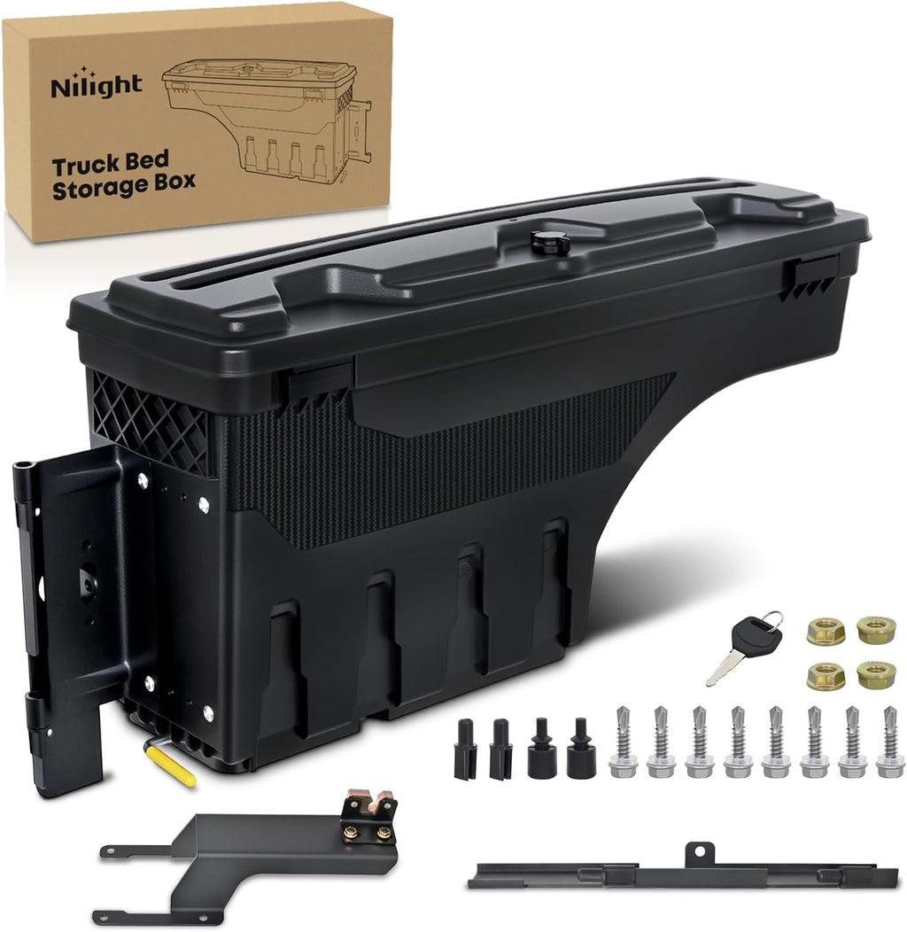 Nilight Truck Bed Tool Box Left Drivers Side Truck Tool Box Fit for Ford F-250/350 Super Duty 2017-2021 ABS Swing Case Truck Bed Storage Box with Lockable Lid Waterproof Wheel Well Toolbox Black