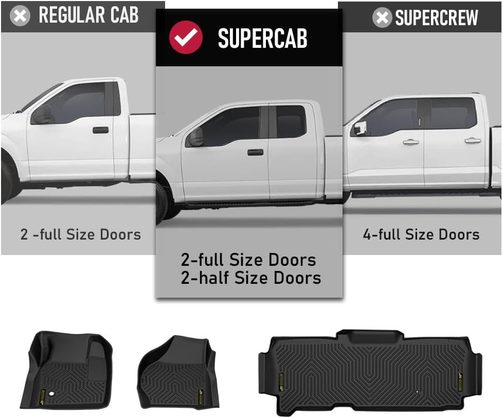ALLGOOD TPE All Weather Car Floor Mats Compatible with Ford F250 F350 Super Duty Super Cab 1999-2007 3PCS 1st & 2nd Row Floor Liners for Car Black