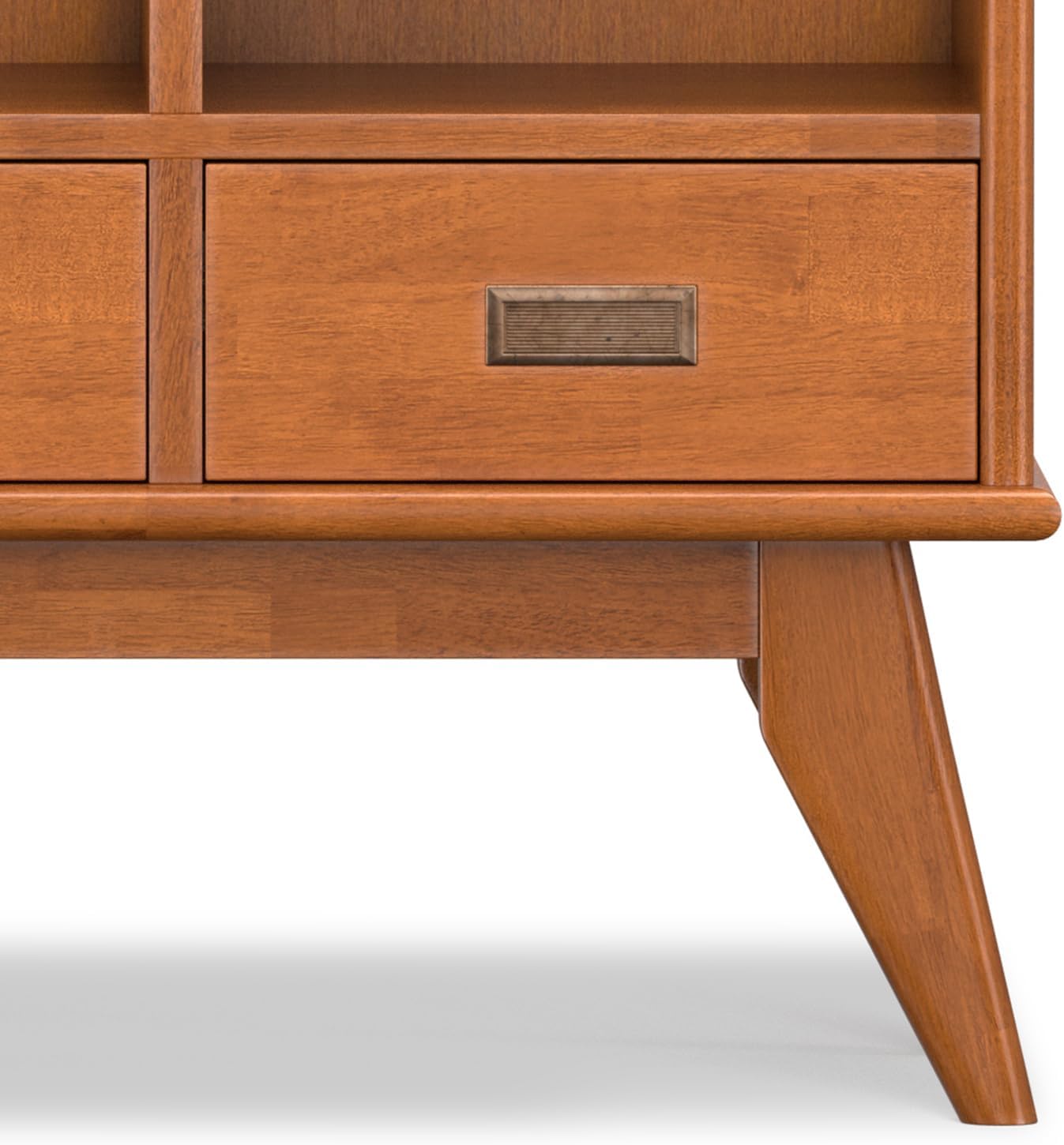 SIMPLIHOME Draper Bookcase - 58 inch Tall 9-Cube Solid Hardwood Cube Organizer with Drawers in Teak Brown, Mid-Century Storage for Living Room, Entryway or Bedroom with Cubbies and Angled Legs