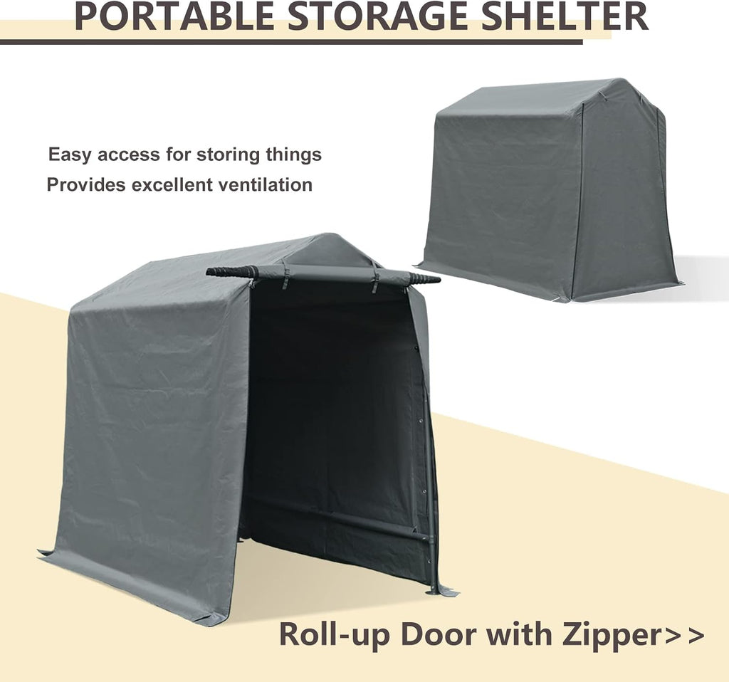 Gardesol Storage Shelter, 6x8 ft Portable Shed Outdoor Carport with Roll-up Zipper Door, Waterproof and UV Resistant Outdoor Storage Shed for Bike, ATV, Motorcycle Shelter, Gray