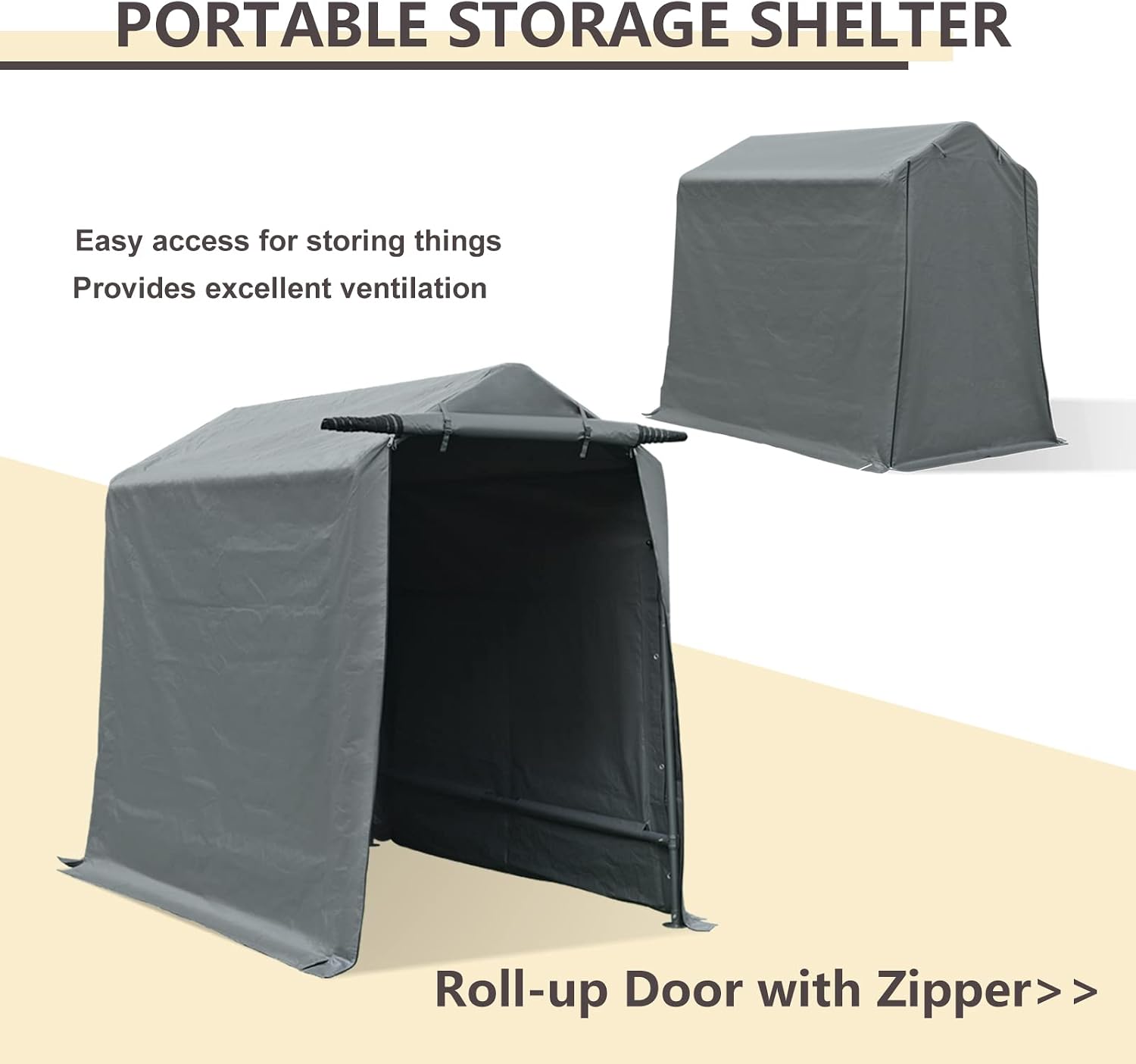 Gardesol Storage Shelter, 6x8 ft Portable Shed Outdoor Carport with Roll-up Zipper Door, Waterproof and UV Resistant Outdoor Storage Shed for Bike, ATV, Motorcycle Shelter, Gray