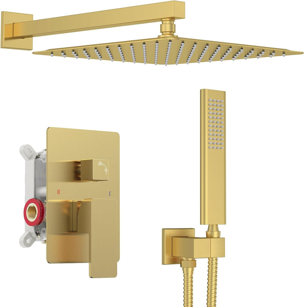 Iriber Brushed Gold Rain Shower System with 12 Inch Shower Head and Handheld shower Bathroom Wall Mounted Golden Shower Set Contain Shower Faucet Mixer Valve and Trim Kit (Valve Cartridge Included)