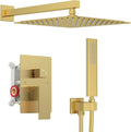 Iriber Brushed Gold Rain Shower System with 12 Inch Shower Head and Handheld shower Bathroom Wall Mounted Golden Shower Set Contain Shower Faucet Mixer Valve and Trim Kit (Valve Cartridge Included)