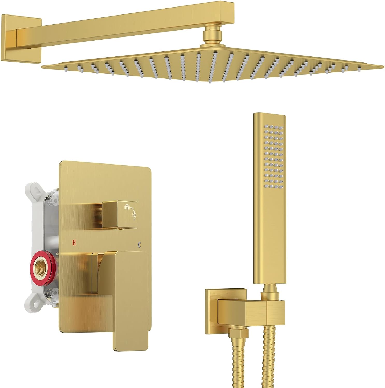 Iriber Brushed Gold Rain Shower System with 12 Inch Shower Head and Handheld shower Bathroom Wall Mounted Golden Shower Set Contain Shower Faucet Mixer Valve and Trim Kit (Valve Cartridge Included)
