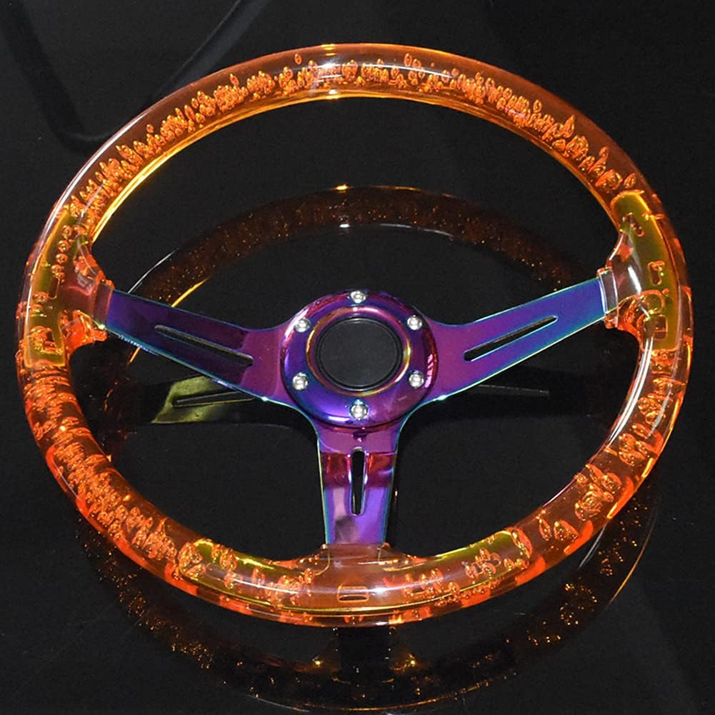 Orange Colorful Universal 350mm/13.8 Inch Car Steering Wheel, Deep Dish 6 Bolt Sports Drifting Steering Wheel with Horn Button and Screws for Passenger Cars