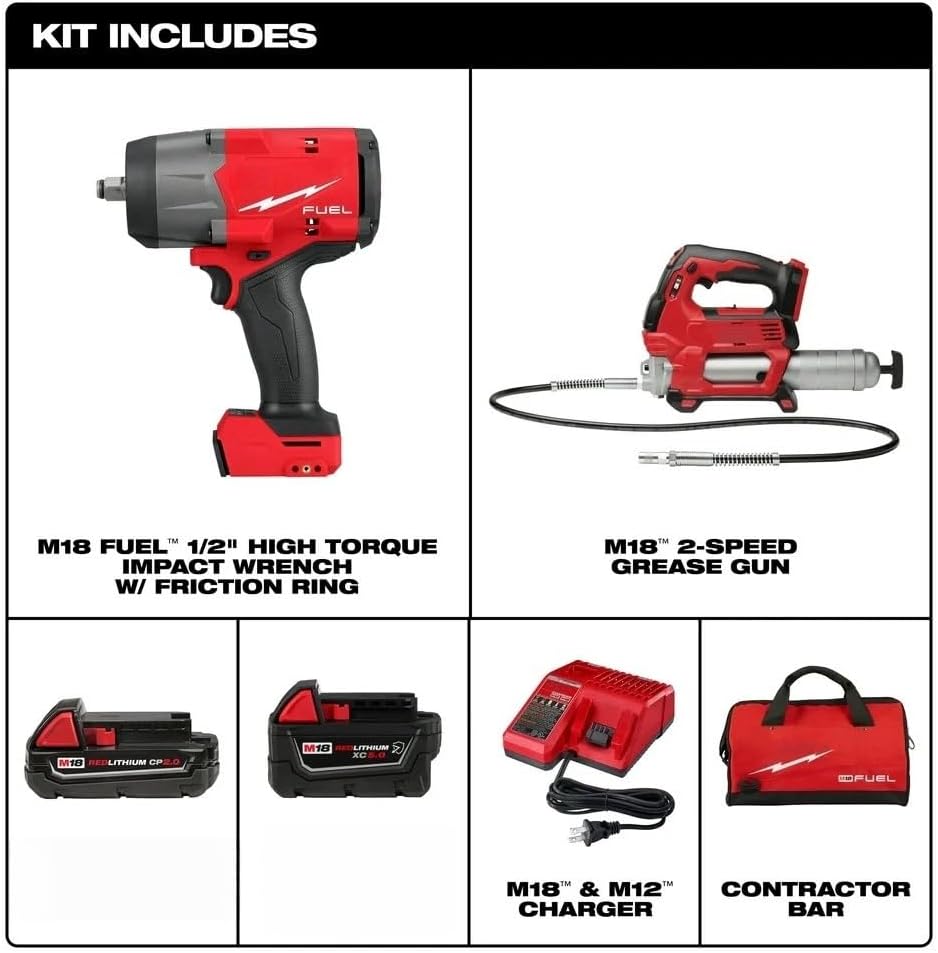 Combo Kit 2967-22GG for Milwaukee M18 1/2' 2967-20 High Torque Impact Wrench 2646-20 2-Speed Grease Gun