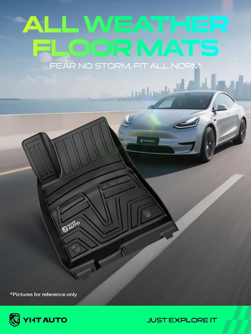 YHTAUTO for Tesla Model 3 2023 2022 2021 Floor Mats, All Weather TPE Car Mats Carpet, 1st & 2nd Row, Set of 3, Black