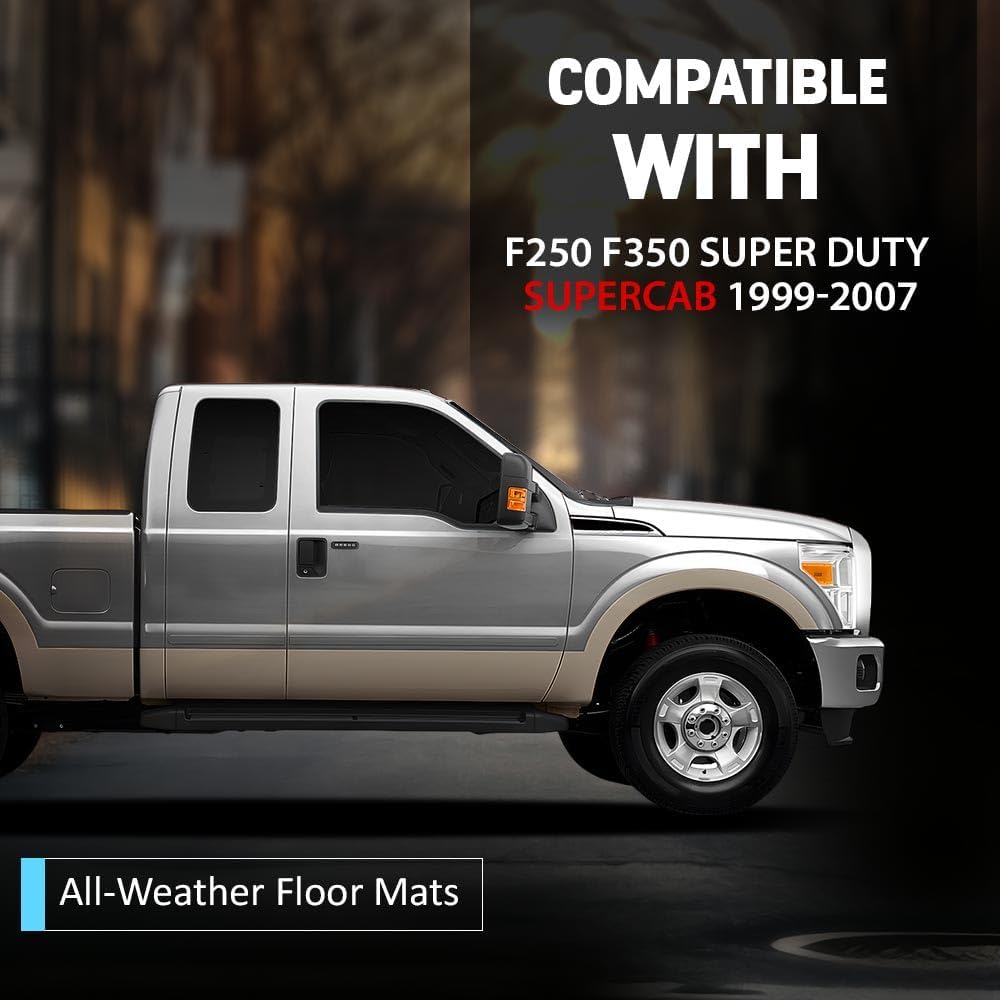 ALLGOOD TPE All Weather Car Floor Mats Compatible with Ford F250 F350 Super Duty Super Cab 1999-2007 3PCS 1st & 2nd Row Floor Liners for Car Black